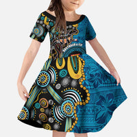 Fiji and Australia Kangaroos Family Matching Puletasi and Hawaiian Shirt Indigenous Aboriginal and Fijian Masi Tribal Tattoo LT03 Daughter's Dress Blue - Polynesian Pride