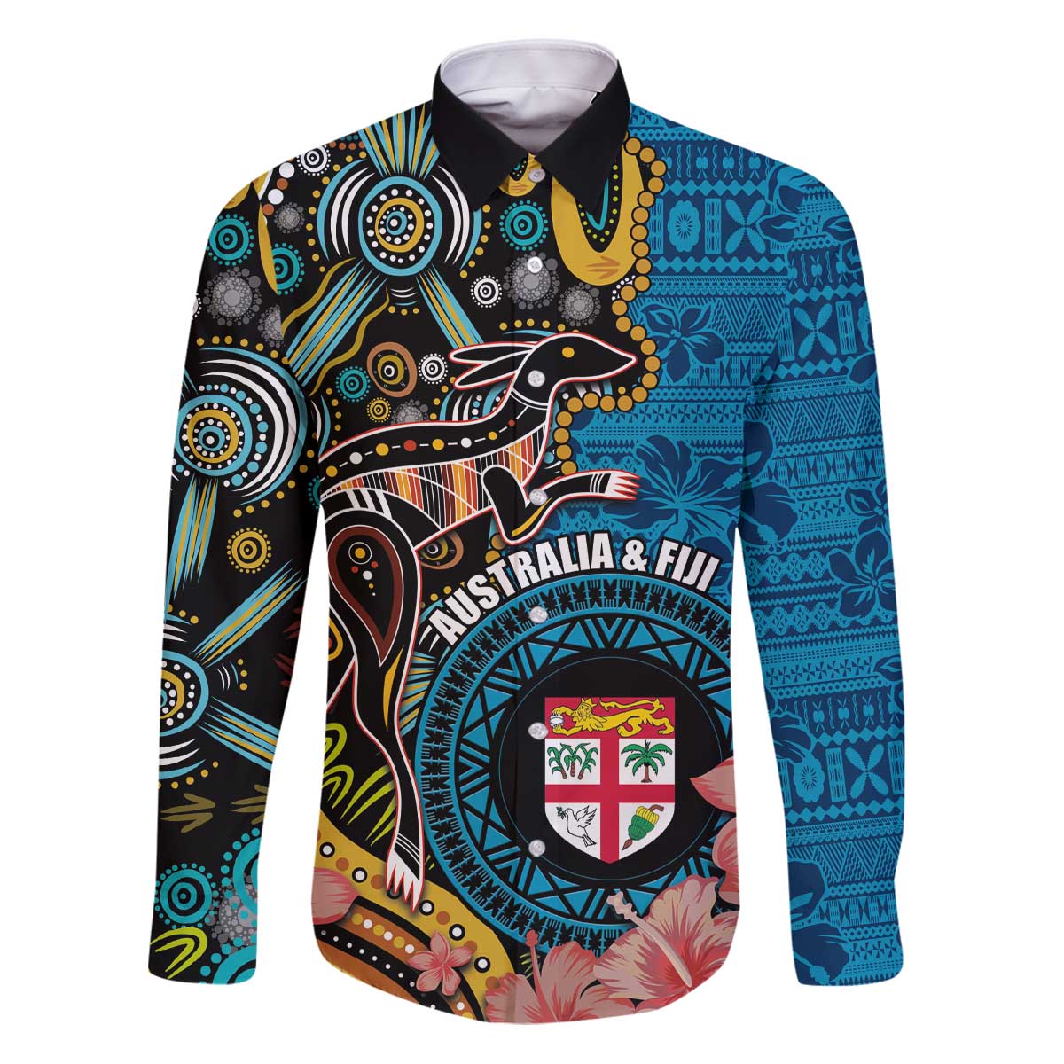 Fiji and Australia Kangaroos Family Matching Puletasi and Hawaiian Shirt Indigenous Aboriginal and Fijian Masi Tribal Tattoo LT03 Dad's Shirt - Long Sleeve Blue - Polynesian Pride