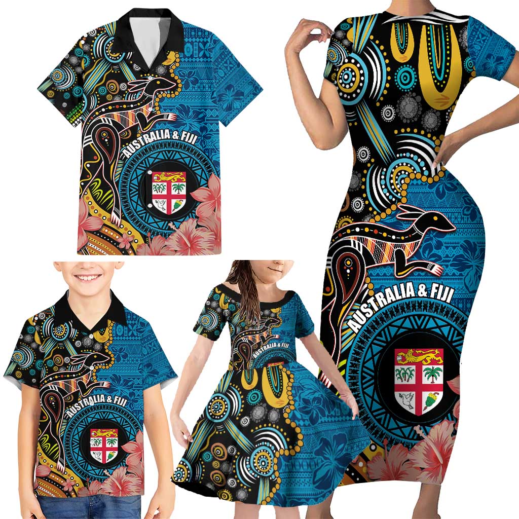 Fiji and Australia Kangaroos Family Matching Short Sleeve Bodycon Dress and Hawaiian Shirt Indigenous Aboriginal and Fijian Masi Tribal Tattoo LT03 - Polynesian Pride