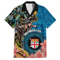 Fiji and Australia Kangaroos Family Matching Short Sleeve Bodycon Dress and Hawaiian Shirt Indigenous Aboriginal and Fijian Masi Tribal Tattoo LT03 Dad's Shirt - Short Sleeve Blue - Polynesian Pride