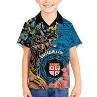 Fiji and Australia Kangaroos Family Matching Short Sleeve Bodycon Dress and Hawaiian Shirt Indigenous Aboriginal and Fijian Masi Tribal Tattoo LT03 Son's Shirt Blue - Polynesian Pride