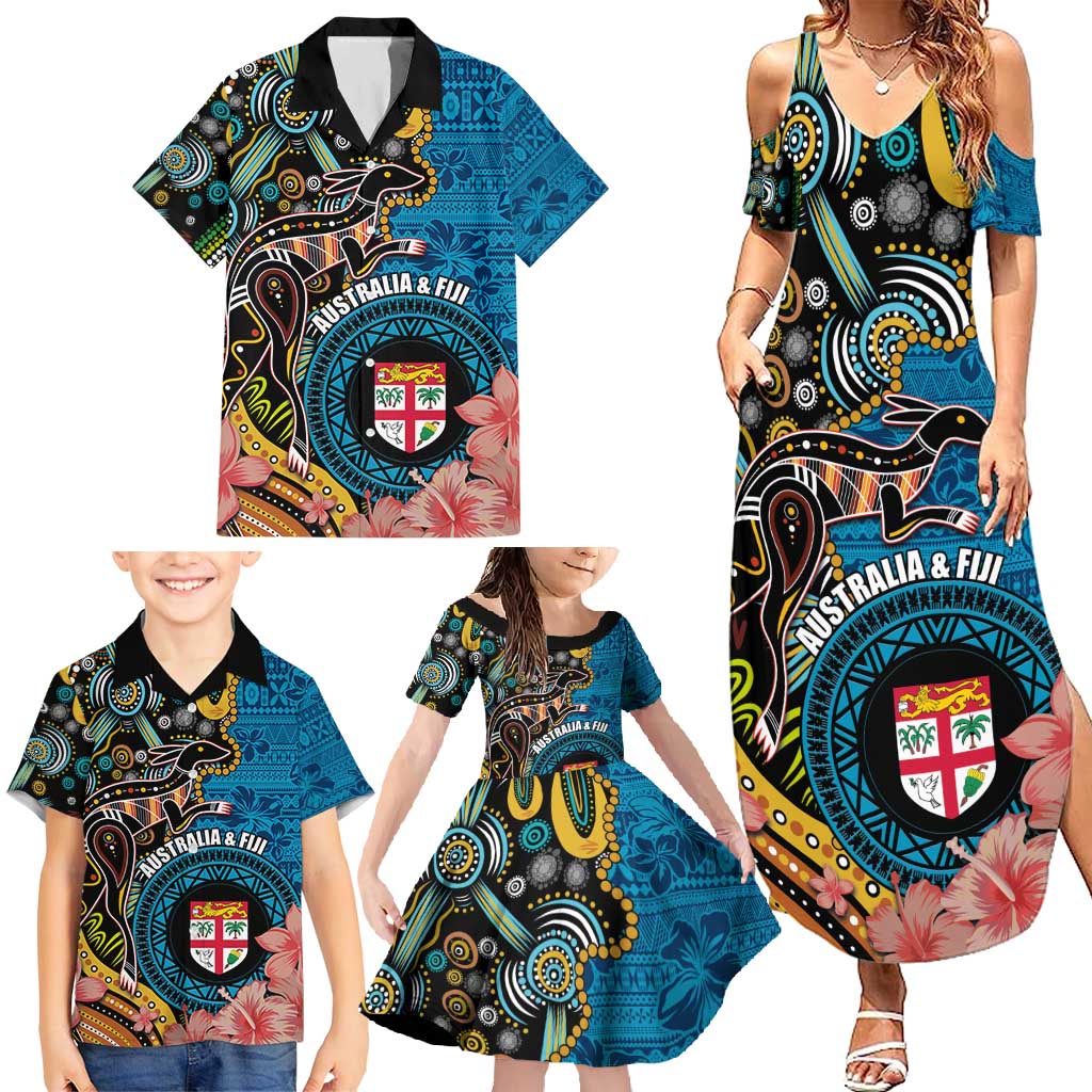 Fiji and Australia Kangaroos Family Matching Summer Maxi Dress and Hawaiian Shirt Indigenous Aboriginal and Fijian Masi Tribal Tattoo LT03 - Polynesian Pride