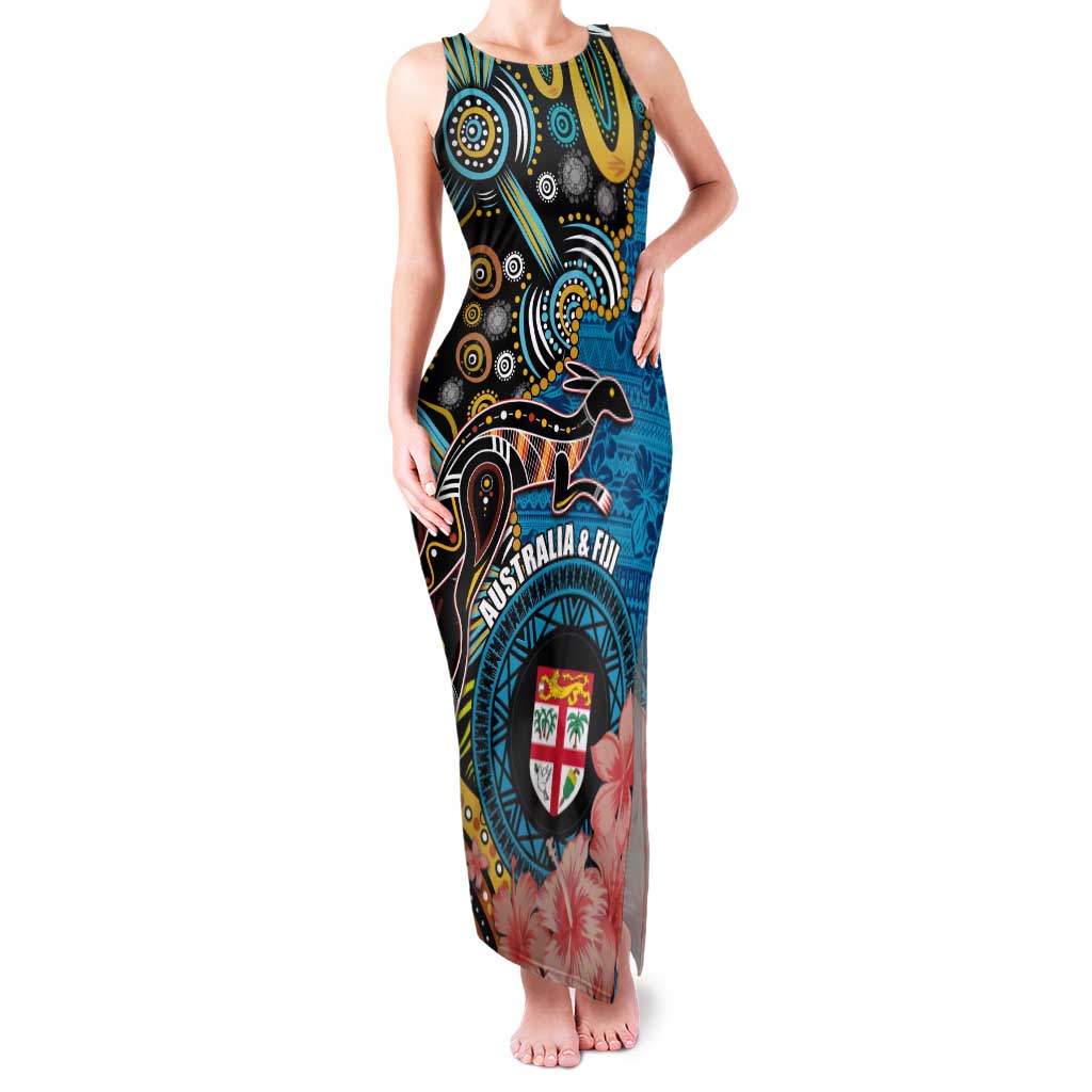 Fiji and Australia Kangaroos Family Matching Tank Maxi Dress and Hawaiian Shirt Indigenous Aboriginal and Fijian Masi Tribal Tattoo LT03 Mom's Dress Blue - Polynesian Pride