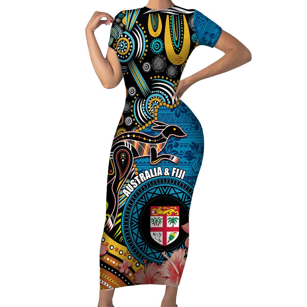 Fiji and Australia Kangaroos Short Sleeve Bodycon Dress Indigenous Aboriginal and Fijian Masi Tribal Tattoo LT03 Long Dress Blue - Polynesian Pride