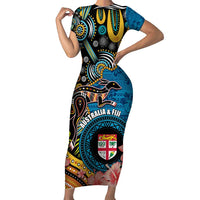 Fiji and Australia Kangaroos Short Sleeve Bodycon Dress Indigenous Aboriginal and Fijian Masi Tribal Tattoo LT03 Long Dress Blue - Polynesian Pride