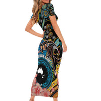 Fiji and Australia Kangaroos Short Sleeve Bodycon Dress Indigenous Aboriginal and Fijian Masi Tribal Tattoo LT03 - Polynesian Pride