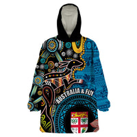 Fiji and Australia Kangaroos Wearable Blanket Hoodie Indigenous Aboriginal and Fijian Masi Tribal Tattoo LT03 One Size Blue - Polynesian Pride