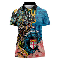 Fiji and Australia Kangaroos Women Polo Shirt Indigenous Aboriginal and Fijian Masi Tribal Tattoo LT03 Female Blue - Polynesian Pride