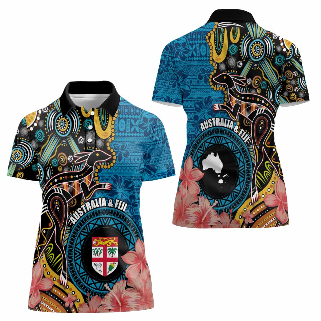 Fiji and Australia Kangaroos Women Polo Shirt Indigenous Aboriginal and Fijian Masi Tribal Tattoo LT03 - Polynesian Pride