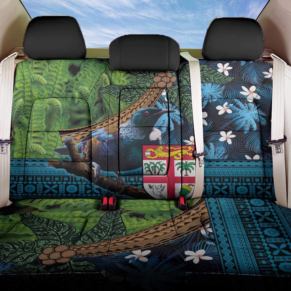 Fiji and New Zealand Tui Bird Back Car Seat Cover Koru Fern Leafs and Palm Tree With Plumeria LT03 One Size Blue - Polynesian Pride