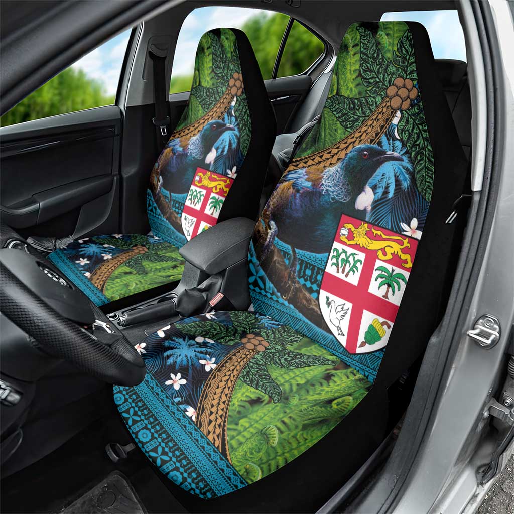 Fiji and New Zealand Tui Bird Car Seat Cover Koru Fern Leafs and Palm Tree With Plumeria LT03 - Polynesian Pride