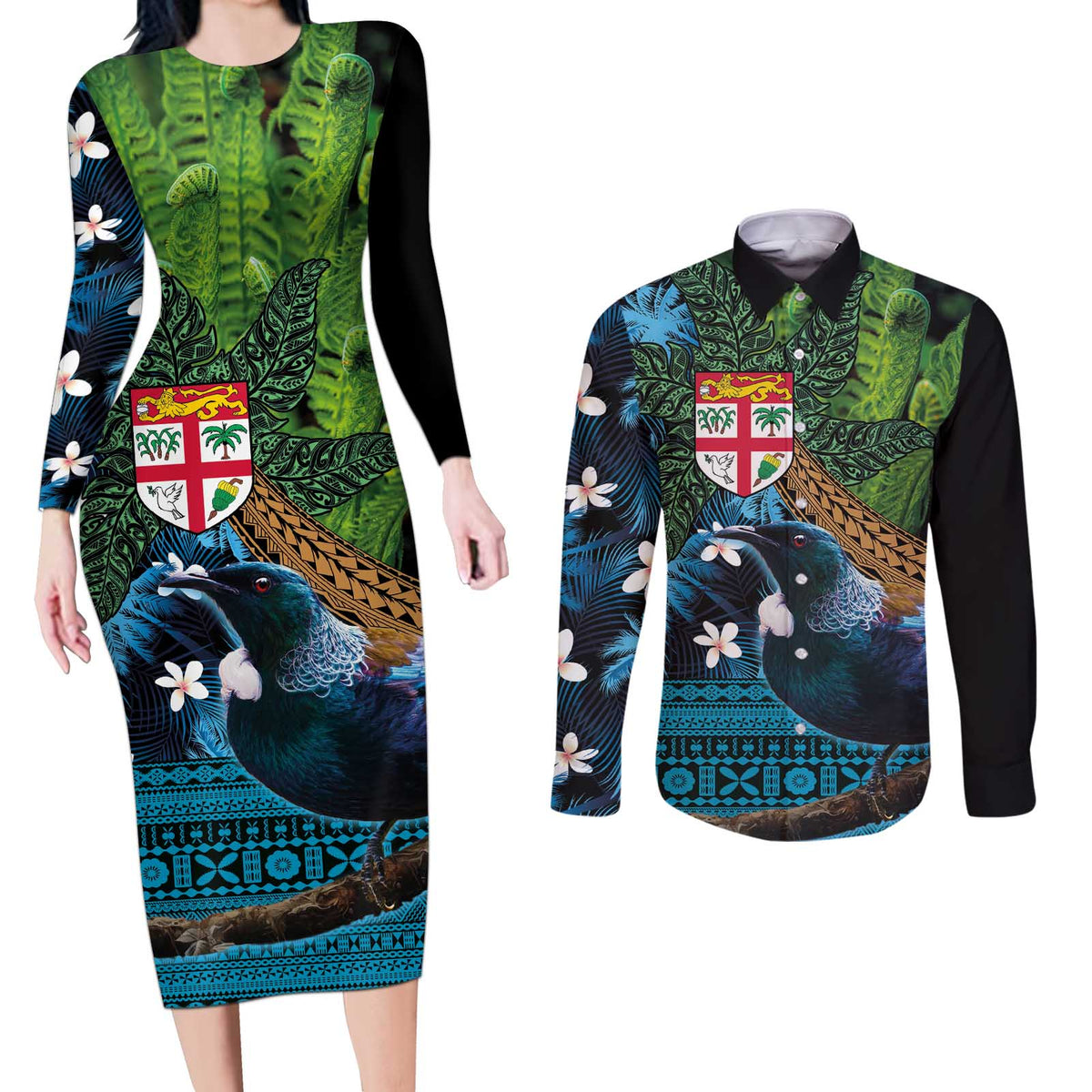 Fiji and New Zealand Tui Bird Couples Matching Long Sleeve Bodycon Dress and Long Sleeve Button Shirt Koru Fern Leafs and Palm Tree With Plumeria LT03 Blue - Polynesian Pride