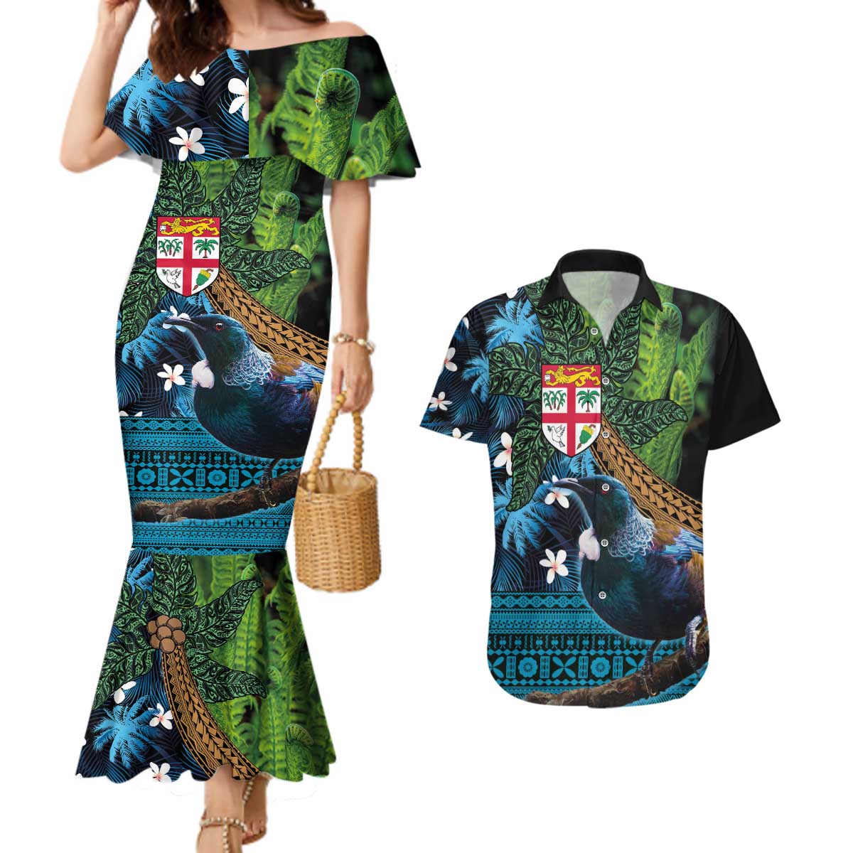 Fiji and New Zealand Tui Bird Couples Matching Mermaid Dress and Hawaiian Shirt Koru Fern Leafs and Palm Tree With Plumeria LT03 Blue - Polynesian Pride