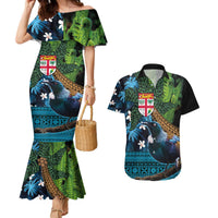 Fiji and New Zealand Tui Bird Couples Matching Mermaid Dress and Hawaiian Shirt Koru Fern Leafs and Palm Tree With Plumeria LT03 Blue - Polynesian Pride