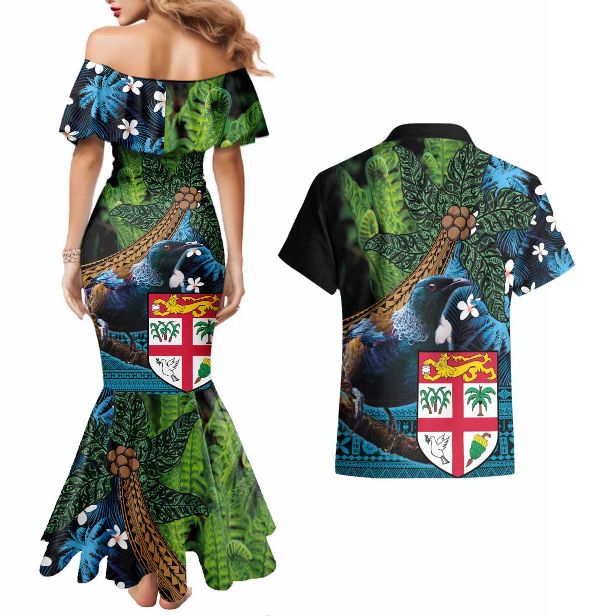 Fiji and New Zealand Tui Bird Couples Matching Mermaid Dress and Hawaiian Shirt Koru Fern Leafs and Palm Tree With Plumeria LT03 - Polynesian Pride