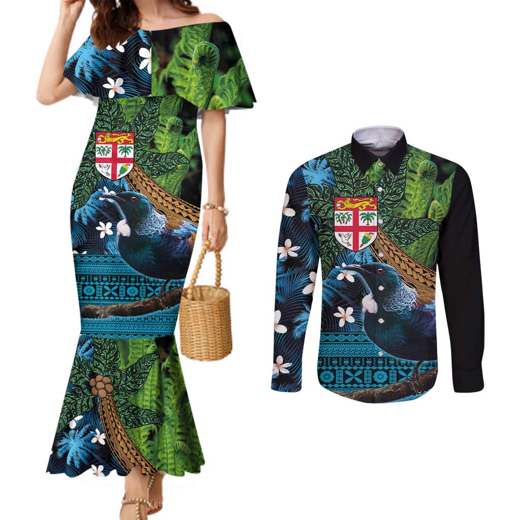 Fiji and New Zealand Tui Bird Couples Matching Mermaid Dress and Long Sleeve Button Shirt Koru Fern Leafs and Palm Tree With Plumeria LT03 Blue - Polynesian Pride