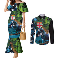 Fiji and New Zealand Tui Bird Couples Matching Mermaid Dress and Long Sleeve Button Shirt Koru Fern Leafs and Palm Tree With Plumeria LT03 Blue - Polynesian Pride