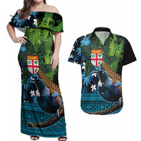 Fiji and New Zealand Tui Bird Couples Matching Off Shoulder Maxi Dress and Hawaiian Shirt Koru Fern Leafs and Palm Tree With Plumeria LT03 Blue - Polynesian Pride