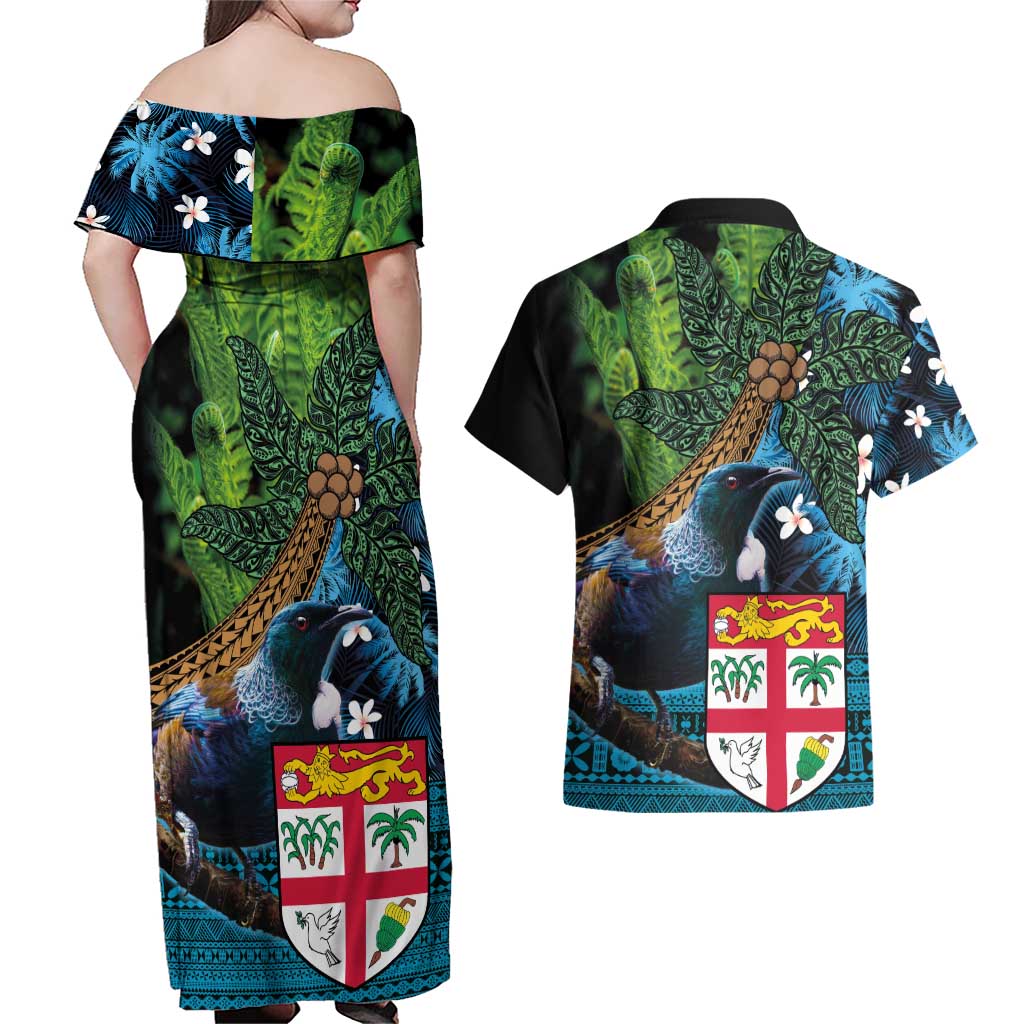 Fiji and New Zealand Tui Bird Couples Matching Off Shoulder Maxi Dress and Hawaiian Shirt Koru Fern Leafs and Palm Tree With Plumeria LT03 - Polynesian Pride