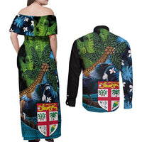 Fiji and New Zealand Tui Bird Couples Matching Off Shoulder Maxi Dress and Long Sleeve Button Shirt Koru Fern Leafs and Palm Tree With Plumeria LT03 - Polynesian Pride