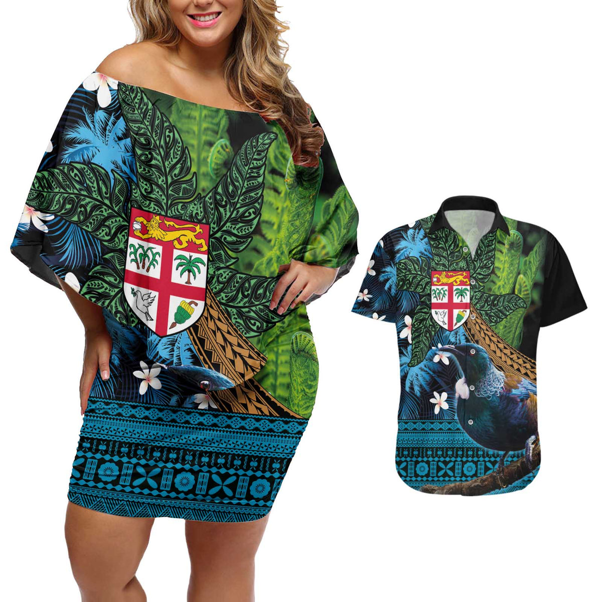 Fiji and New Zealand Tui Bird Couples Matching Off Shoulder Short Dress and Hawaiian Shirt Koru Fern Leafs and Palm Tree With Plumeria LT03 Blue - Polynesian Pride