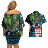 Fiji and New Zealand Tui Bird Couples Matching Off Shoulder Short Dress and Hawaiian Shirt Koru Fern Leafs and Palm Tree With Plumeria LT03 - Polynesian Pride