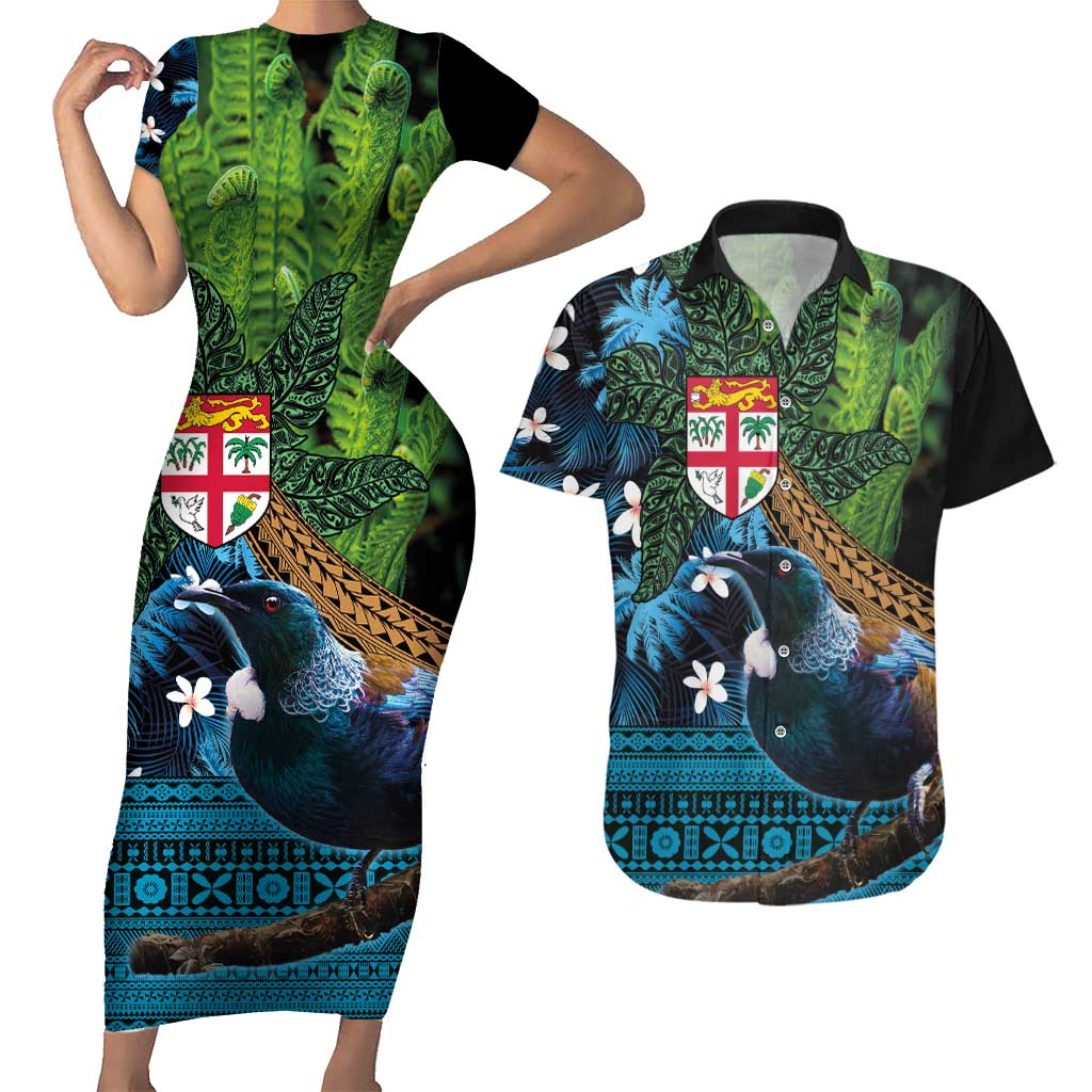 Fiji and New Zealand Tui Bird Couples Matching Short Sleeve Bodycon Dress and Hawaiian Shirt Koru Fern Leafs and Palm Tree With Plumeria LT03 Blue - Polynesian Pride