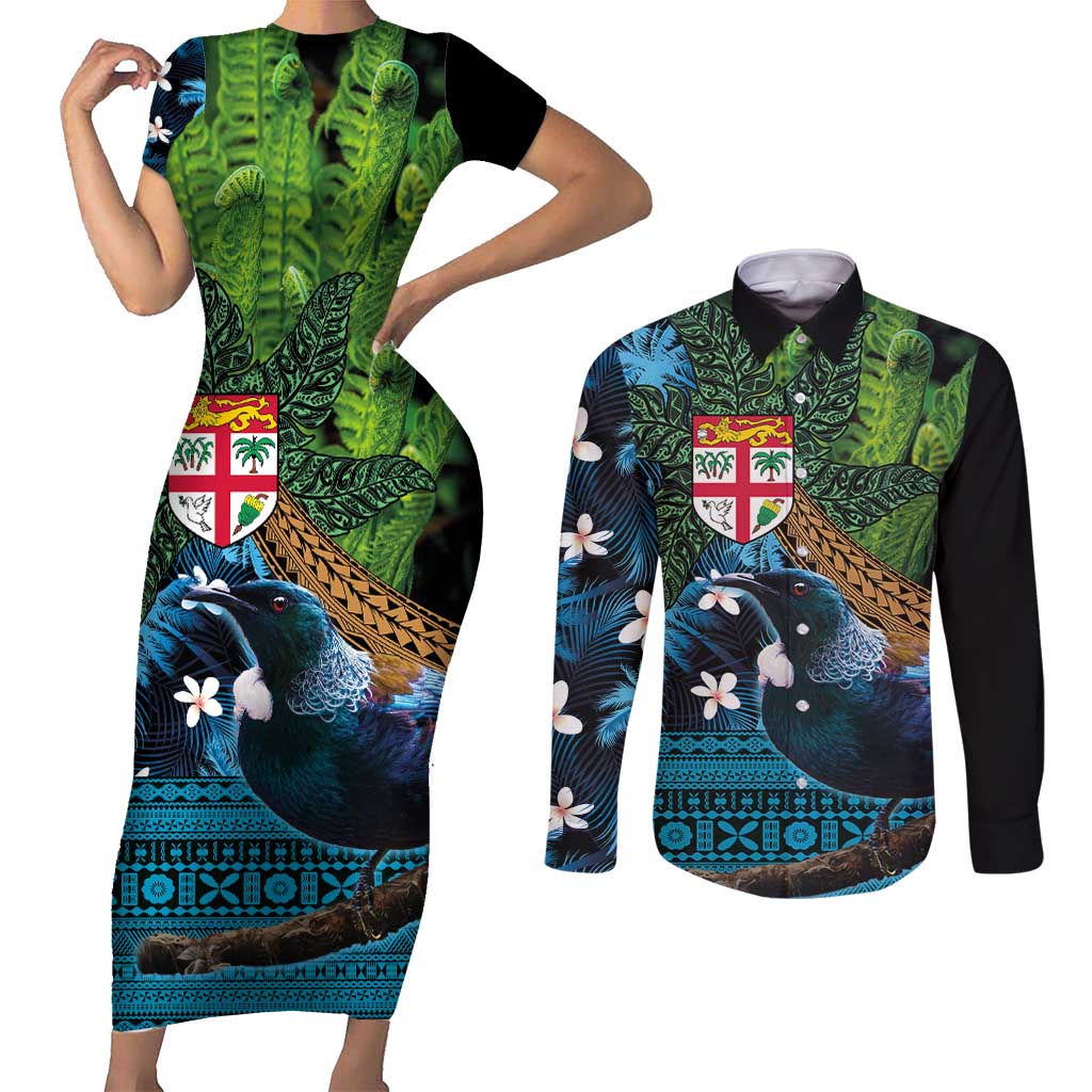 Fiji and New Zealand Tui Bird Couples Matching Short Sleeve Bodycon Dress and Long Sleeve Button Shirt Koru Fern Leafs and Palm Tree With Plumeria LT03 Blue - Polynesian Pride