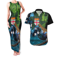 Fiji and New Zealand Tui Bird Couples Matching Tank Maxi Dress and Hawaiian Shirt Koru Fern Leafs and Palm Tree With Plumeria LT03 Blue - Polynesian Pride