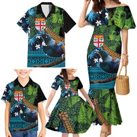 Fiji and New Zealand Tui Bird Family Matching Mermaid Dress and Hawaiian Shirt Koru Fern Leafs and Palm Tree With Plumeria LT03 - Polynesian Pride