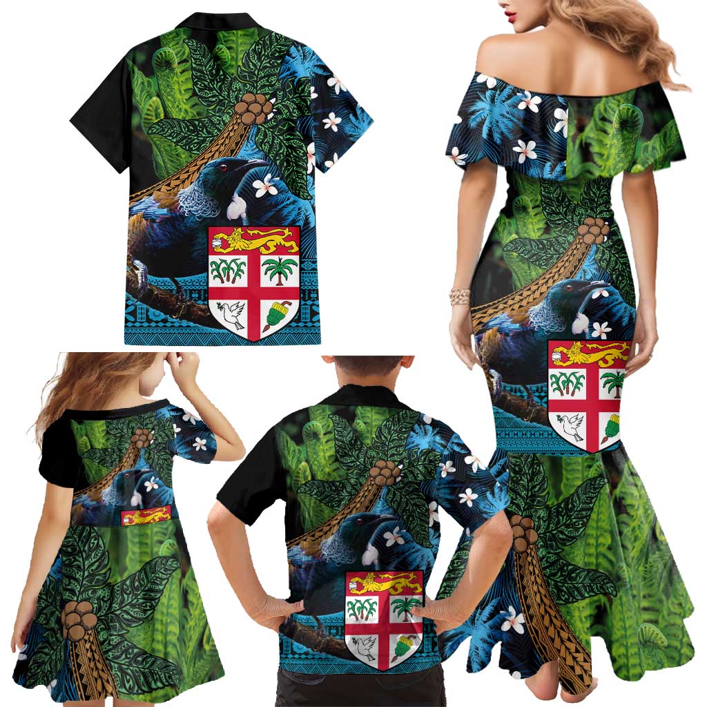 Fiji and New Zealand Tui Bird Family Matching Mermaid Dress and Hawaiian Shirt Koru Fern Leafs and Palm Tree With Plumeria LT03 - Polynesian Pride