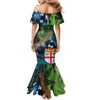 Fiji and New Zealand Tui Bird Family Matching Mermaid Dress and Hawaiian Shirt Koru Fern Leafs and Palm Tree With Plumeria LT03 - Polynesian Pride