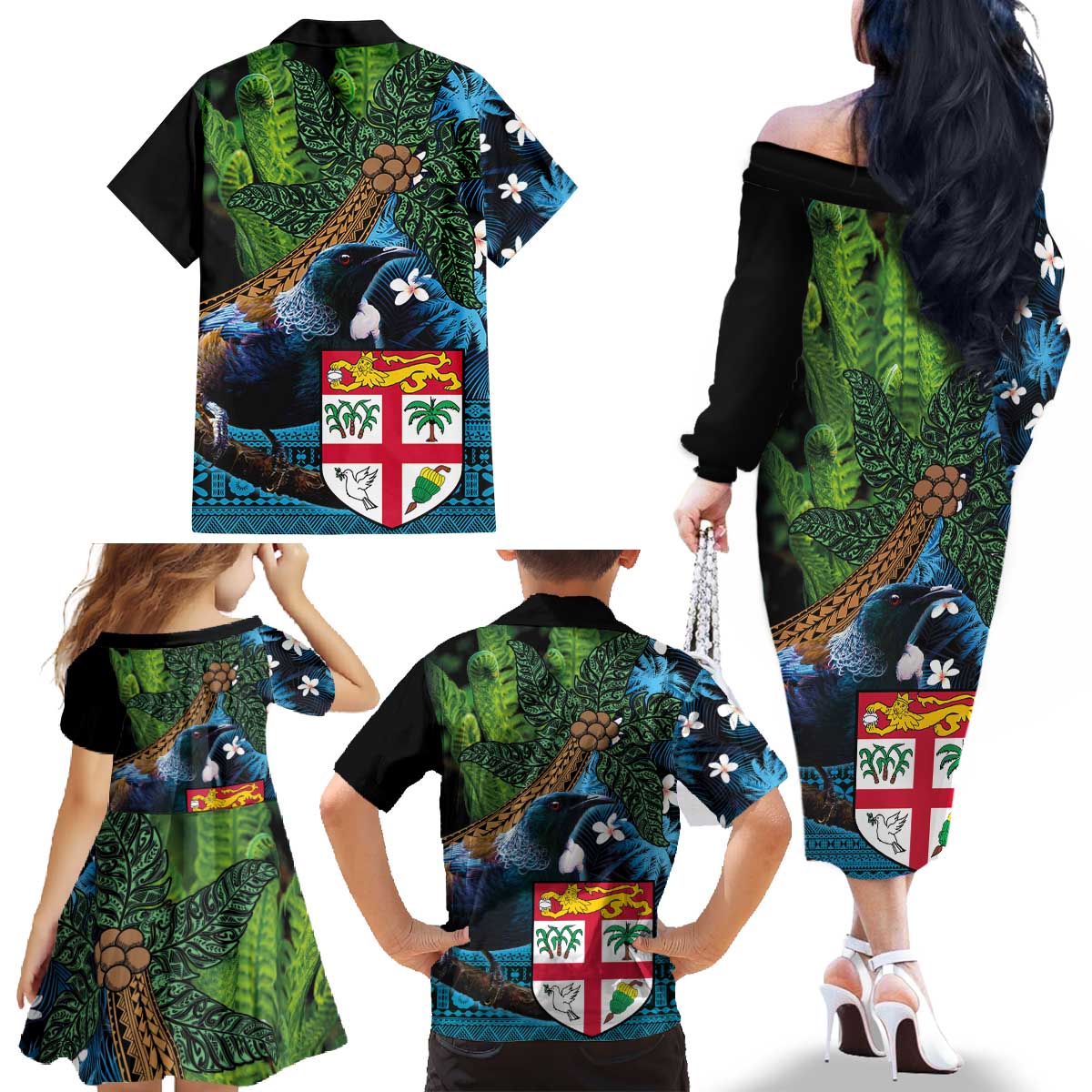 Fiji and New Zealand Tui Bird Family Matching Off The Shoulder Long Sleeve Dress and Hawaiian Shirt Koru Fern Leafs and Palm Tree With Plumeria LT03 - Polynesian Pride