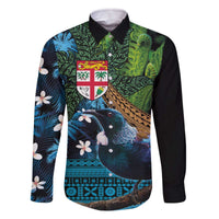Fiji and New Zealand Tui Bird Family Matching Off The Shoulder Long Sleeve Dress and Hawaiian Shirt Koru Fern Leafs and Palm Tree With Plumeria LT03 Dad's Shirt - Long Sleeve Blue - Polynesian Pride