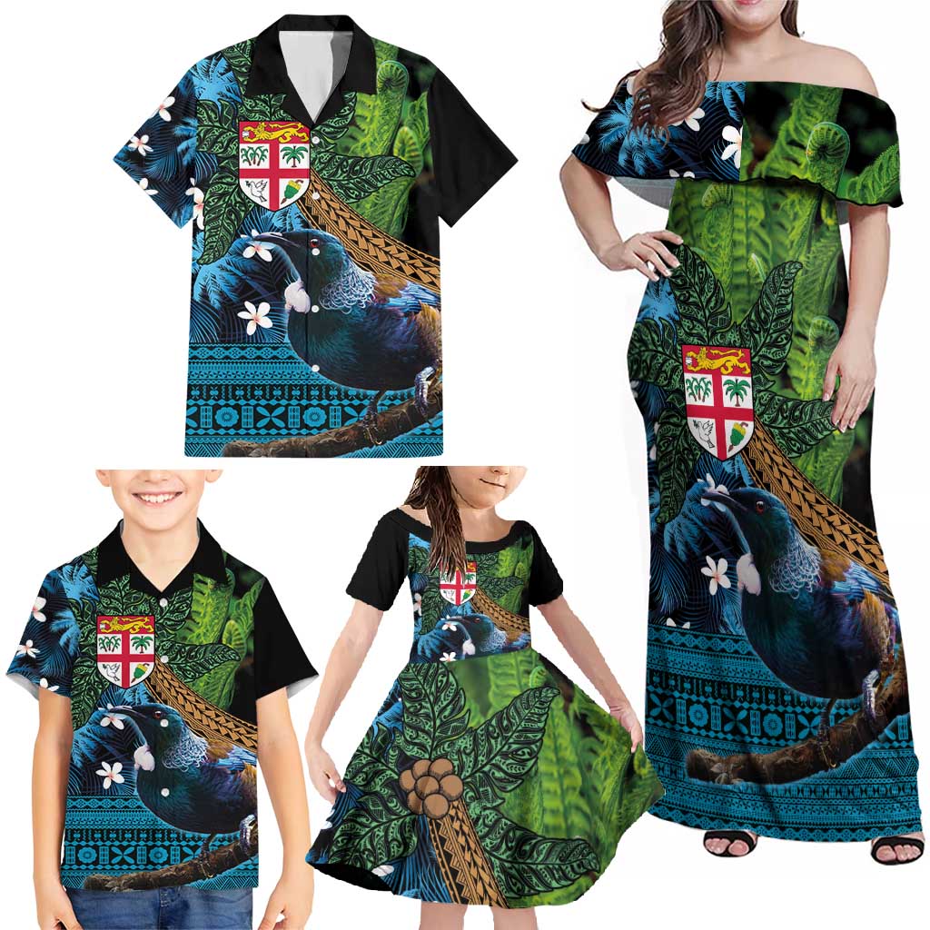 Fiji and New Zealand Tui Bird Family Matching Off Shoulder Maxi Dress and Hawaiian Shirt Koru Fern Leafs and Palm Tree With Plumeria LT03 - Polynesian Pride