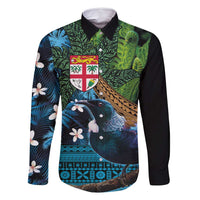 Fiji and New Zealand Tui Bird Family Matching Off Shoulder Maxi Dress and Hawaiian Shirt Koru Fern Leafs and Palm Tree With Plumeria LT03 Dad's Shirt - Long Sleeve Blue - Polynesian Pride