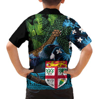 Fiji and New Zealand Tui Bird Family Matching Off Shoulder Short Dress and Hawaiian Shirt Koru Fern Leafs and Palm Tree With Plumeria LT03 - Polynesian Pride
