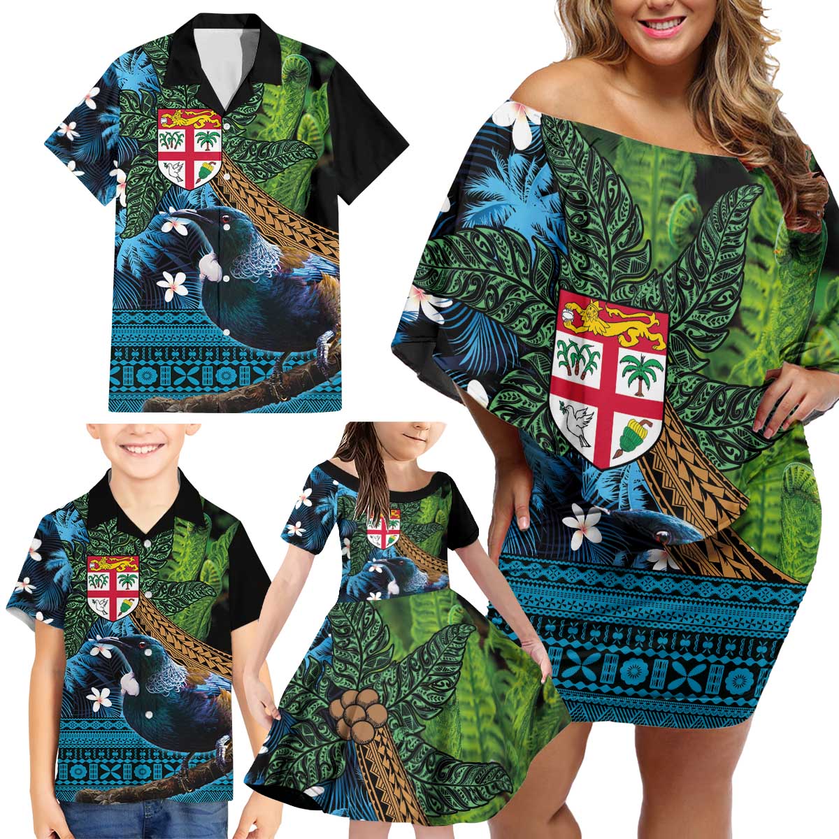 Fiji and New Zealand Tui Bird Family Matching Off Shoulder Short Dress and Hawaiian Shirt Koru Fern Leafs and Palm Tree With Plumeria LT03 - Polynesian Pride