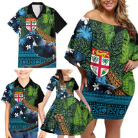 Fiji and New Zealand Tui Bird Family Matching Off Shoulder Short Dress and Hawaiian Shirt Koru Fern Leafs and Palm Tree With Plumeria LT03 - Polynesian Pride