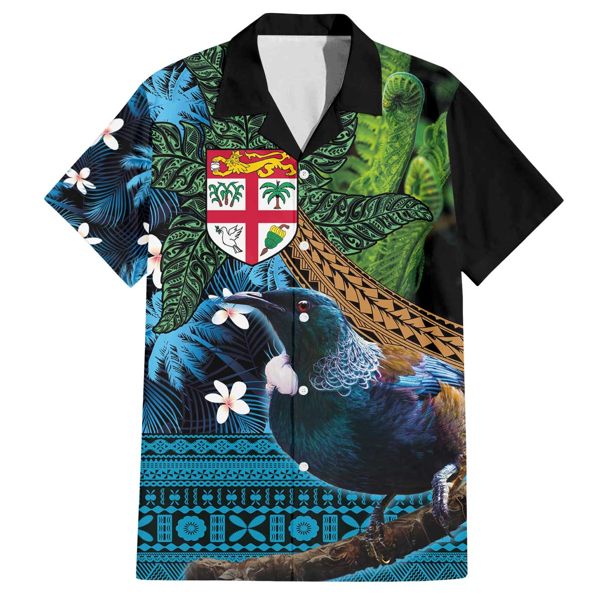 Fiji and New Zealand Tui Bird Family Matching Off Shoulder Short Dress and Hawaiian Shirt Koru Fern Leafs and Palm Tree With Plumeria LT03 Dad's Shirt - Short Sleeve Blue - Polynesian Pride