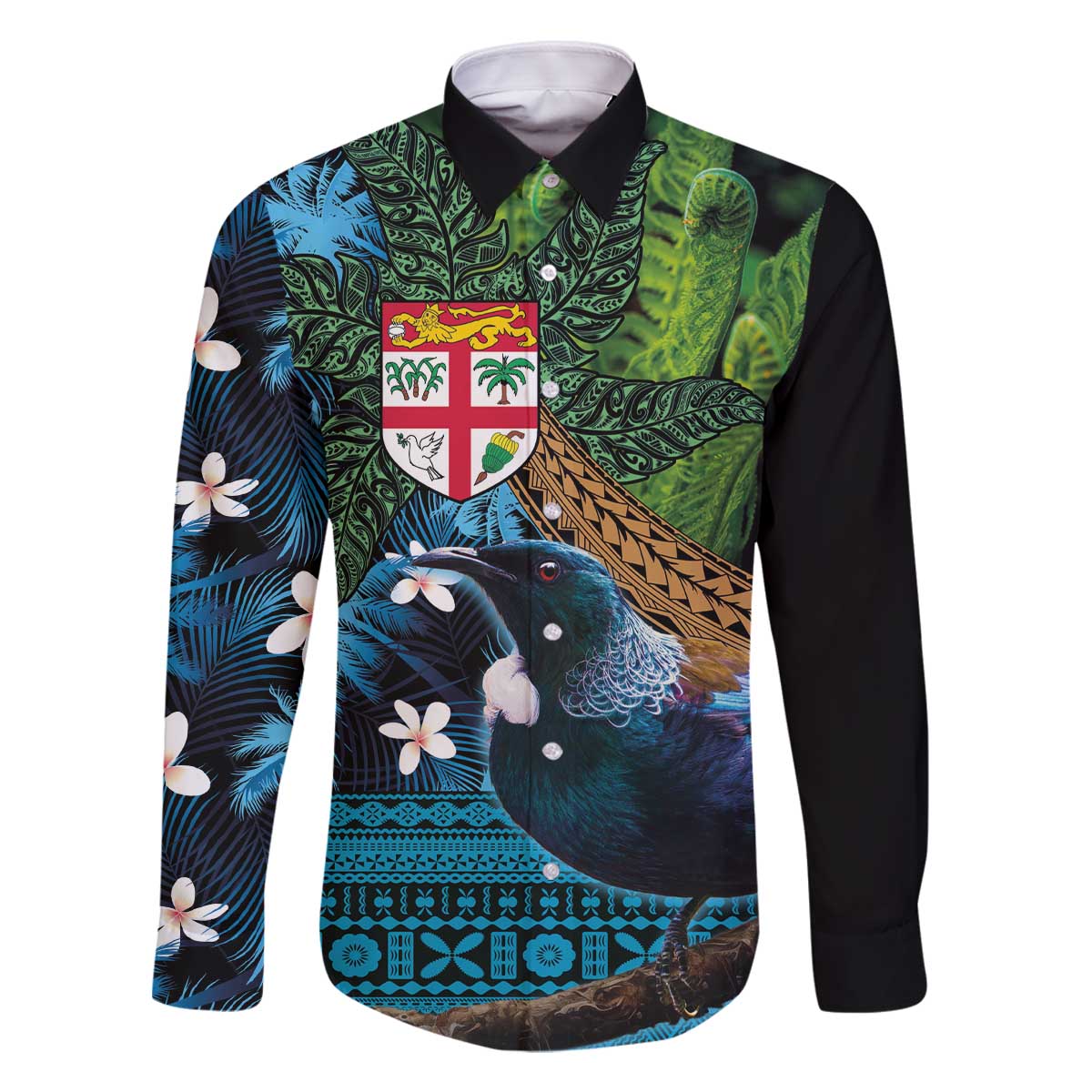 Fiji and New Zealand Tui Bird Family Matching Off Shoulder Short Dress and Hawaiian Shirt Koru Fern Leafs and Palm Tree With Plumeria LT03 Dad's Shirt - Long Sleeve Blue - Polynesian Pride