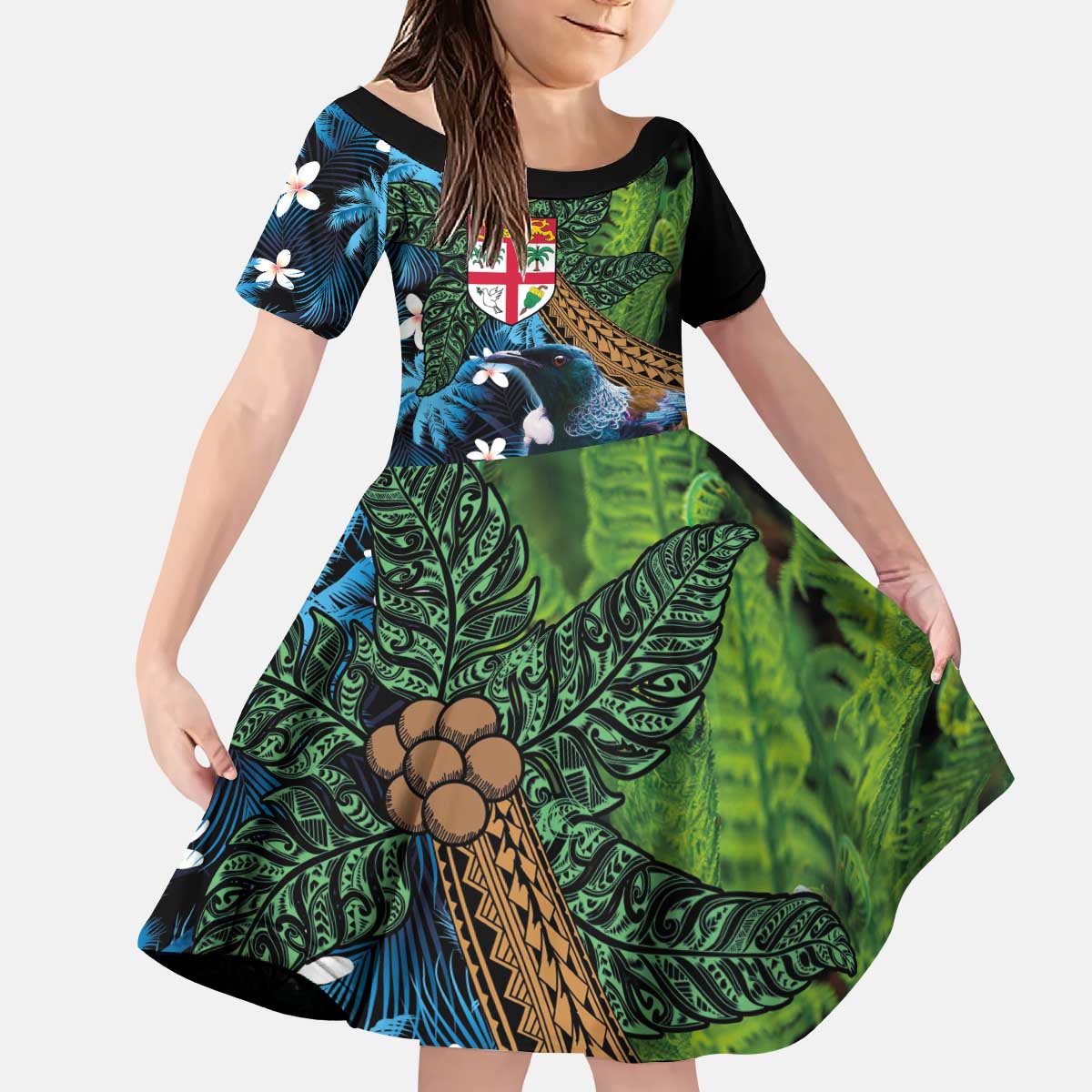 Fiji and New Zealand Tui Bird Family Matching Puletasi and Hawaiian Shirt Koru Fern Leafs and Palm Tree With Plumeria LT03 Daughter's Dress Blue - Polynesian Pride