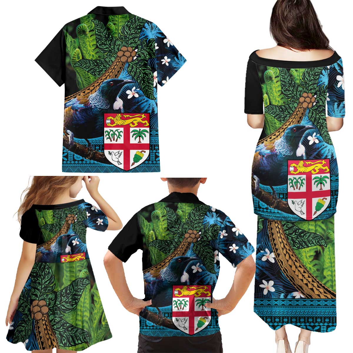 Fiji and New Zealand Tui Bird Family Matching Puletasi and Hawaiian Shirt Koru Fern Leafs and Palm Tree With Plumeria LT03 - Polynesian Pride