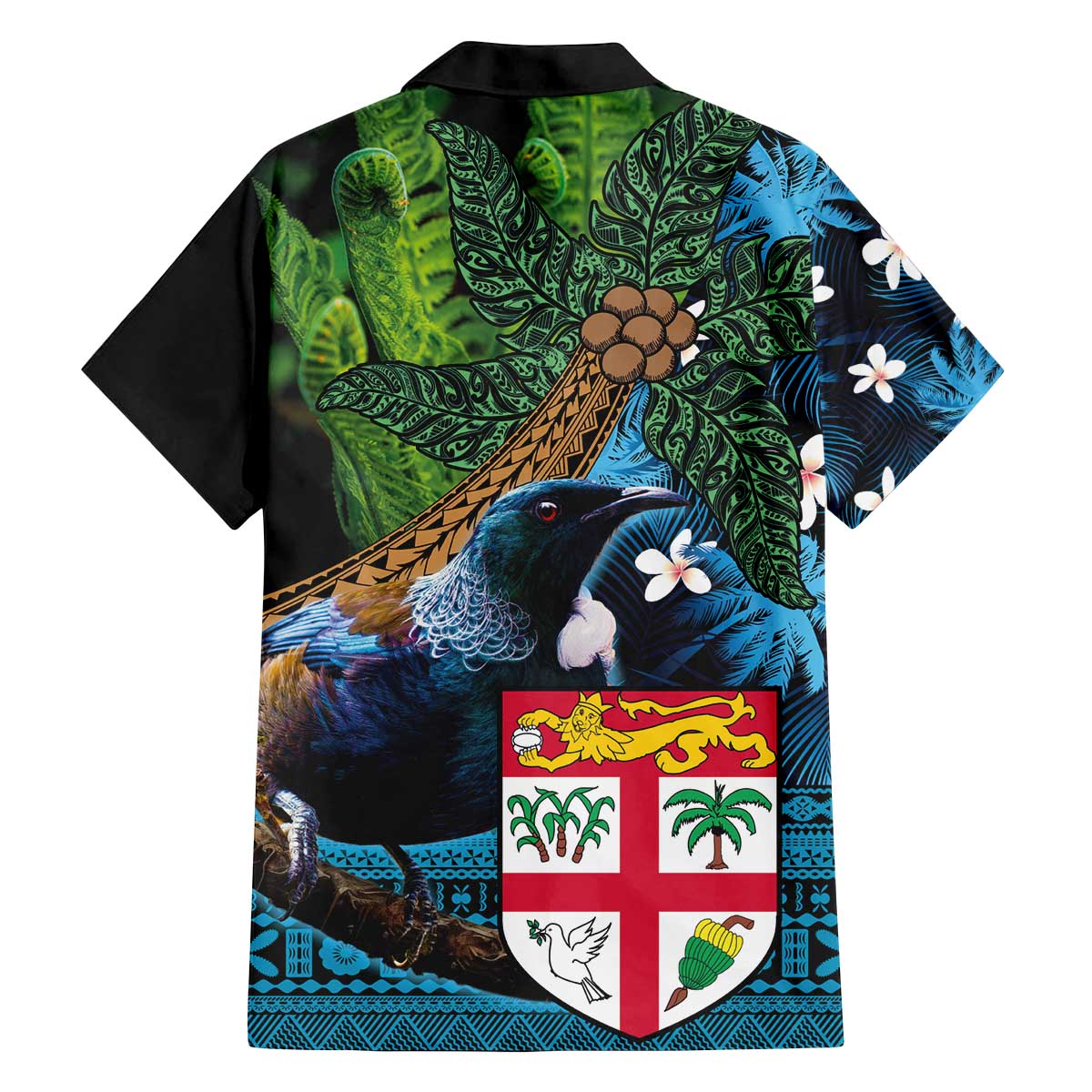 Fiji and New Zealand Tui Bird Family Matching Puletasi and Hawaiian Shirt Koru Fern Leafs and Palm Tree With Plumeria LT03 - Polynesian Pride