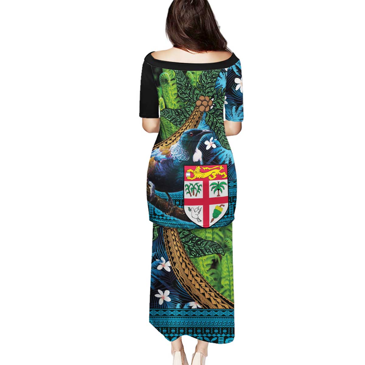 Fiji and New Zealand Tui Bird Family Matching Puletasi and Hawaiian Shirt Koru Fern Leafs and Palm Tree With Plumeria LT03 - Polynesian Pride