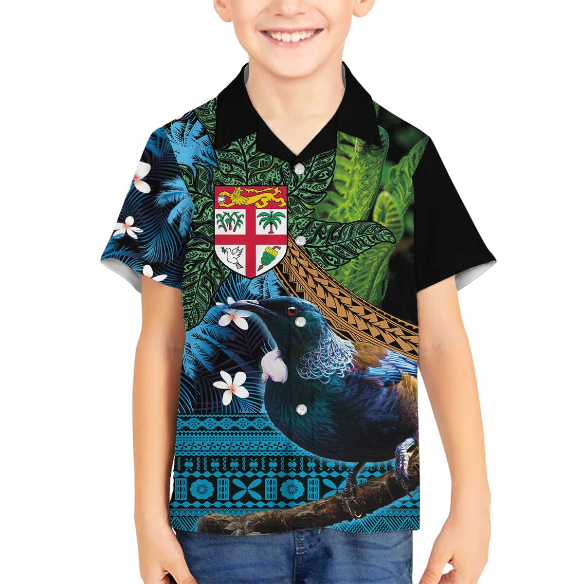 Fiji and New Zealand Tui Bird Family Matching Puletasi and Hawaiian Shirt Koru Fern Leafs and Palm Tree With Plumeria LT03 Son's Shirt Blue - Polynesian Pride