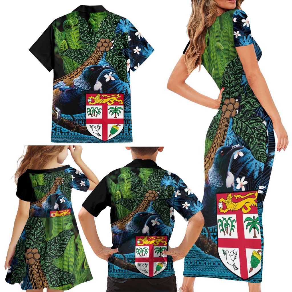 Fiji and New Zealand Tui Bird Family Matching Short Sleeve Bodycon Dress and Hawaiian Shirt Koru Fern Leafs and Palm Tree With Plumeria LT03 - Polynesian Pride