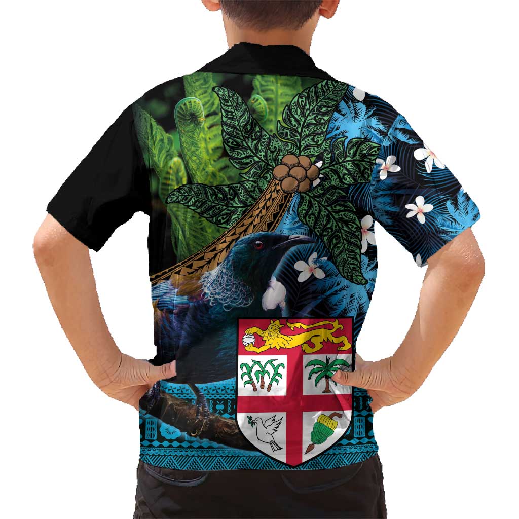 Fiji and New Zealand Tui Bird Family Matching Summer Maxi Dress and Hawaiian Shirt Koru Fern Leafs and Palm Tree With Plumeria LT03 - Polynesian Pride