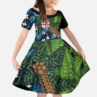 Fiji and New Zealand Tui Bird Family Matching Summer Maxi Dress and Hawaiian Shirt Koru Fern Leafs and Palm Tree With Plumeria LT03 Daughter's Dress Blue - Polynesian Pride