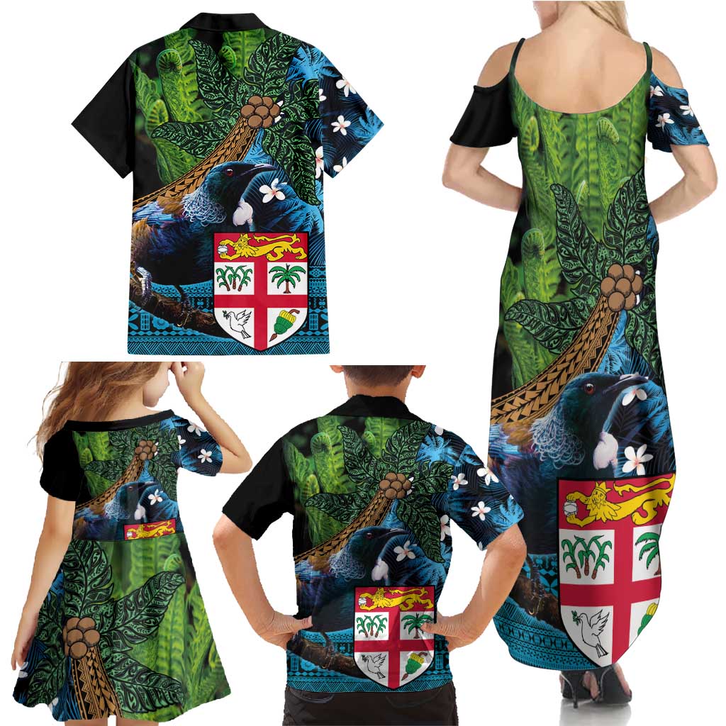 Fiji and New Zealand Tui Bird Family Matching Summer Maxi Dress and Hawaiian Shirt Koru Fern Leafs and Palm Tree With Plumeria LT03 - Polynesian Pride